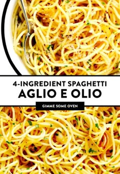 spaghetti in a white bowl with the words ingredient spaghetti aglio e olio