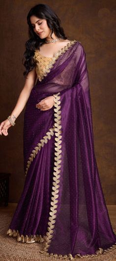 Purple and Violet color Saree in Shimmer fabric with Embroidered, Thread work Elegant Purple Chanderi Embroidered Fabric, Elegant Purple Embroidered Chanderi Fabric, Purple Georgette Embroidered Fabric For Reception, Purple Embroidered Fabric With Cutdana For Receptions, Purple Self Design Saree For Reception, Reception Saree, Reception Lehenga, Engagement Reception, Shimmer Fabric