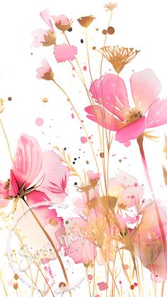 pink flowers with gold leaves on a white and beige background, digital painting by numbers