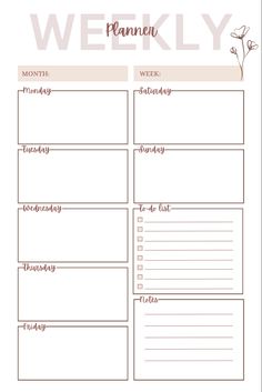 the printable weekly planner is shown in pink and white, with flowers on it