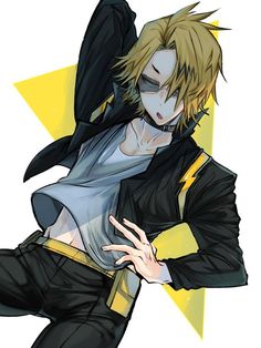 an anime character with blonde hair and black pants, holding his arms out to the side