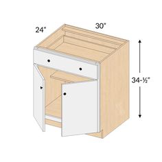 the measurements for a small cabinet with doors and drawers on each side, including an open drawer