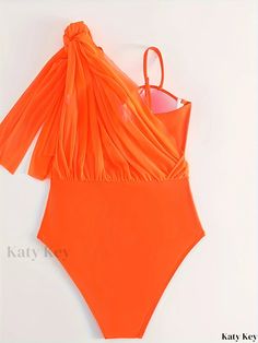 Katykey - Premium Split Mesh Orange One-Piece Swimsuit: Spaghetti Strap Stretchy Swim Dress for Women - Elegant Swimwear & Clothing Summer Party Bodysuit With Stretch, Stretch Bodysuit For Summer Party, Sleeveless Stretch One Piece For Party, Stretch One-shoulder Bodysuit For Summer, Solid Sleeveless One-piece For Party, Solid Sleeveless Party One-pieces, Solid One Piece For Beach Season Party, Party One-piece With Lined Body, Solid Color One Piece For Beach Season Party