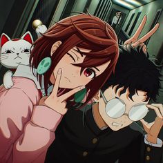 two anime characters are posing with their hands on their faces and one is holding a cat