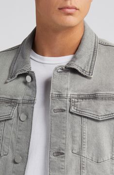 A charcoal-grey wash and clean flap pockets streamline the style of a vintage-inspired denim jacket that completes your look with rugged edge. Front button closure Spread collar Button cuffs 99% cotton, 1% Lycra® spandex Machine wash, line dry Imported Casual Gray Denim Jacket With Pockets, Classic Faded Denim Jacket With Pockets, Classic Washed Black Denim Jacket, Classic Washed Black Denim Jacket With Pockets, Denim Trucker Jacket, Grey Wash, Trucker Jacket, Flap Pocket, Charcoal Grey