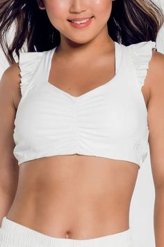 Ruffle Sports Bra in White Trendy White Sports Bra With Built-in Bra, Sporty Summer Activewear With Removable Bra Pads, Stretch Sports Bra With Removable Pads For Spring, Casual Sports Bra With Removable Pads For Sports, Summer Sports Bra With Removable Pads, Summer Sports Bra With Adjustable Straps For Light Exercise, Casual Sports Bra With Removable Pads For Workout, Casual Workout Sports Bra With Removable Pads, Trendy Fitted White Sports Bra