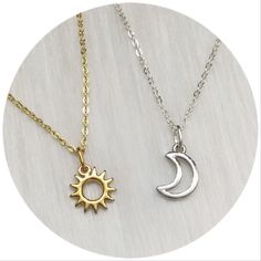 ✨NEW STYLE CHARMS- MAY 2024✨ PLEASE NOTE: Necklaces are sold individually, OR as a set Gold Sun charm: 12mm x 11mm - 14k gold plated stainless steel Silver Moon charm: 13mm x 9mm - Platinum plated brass On 18" gold finished or silver plated brass cable chain, with 1.25" extension chain, and tiny lobster clasp closure. Choose your option from the drop down menu: Sun + Moon = Two necklaces Gold Sun = One necklace Silver Moon = One necklace MORE FRIENDSHIP JEWELRY HERE: https://www.etsy.com/shop/lo Matching Necklaces Sun And Moon, Sun And Moon Friendship Necklaces, Sun And Moon Jewelry Necklaces, Trendy Moon Charm Necklace As Gift, Trendy Moon Shaped Necklaces For Gifts, Trendy Moon-shaped Necklace For Gift, Trendy Moon Shaped Necklace For Gift, Sun And Moon Friendship, Marvel Script