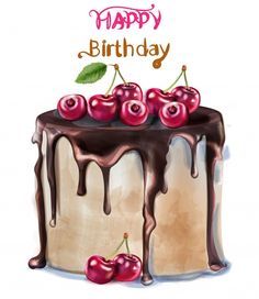 a birthday cake with cherries and chocolate icing