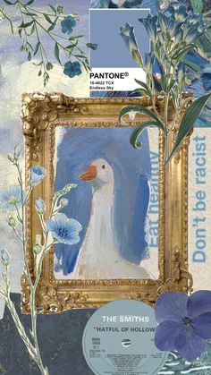 an image of a duck in a frame with blue flowers