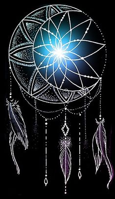 a drawing of a dream catcher with feathers and stars in the center on a black background