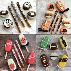 four different pictures of decorated cookies and lollipops