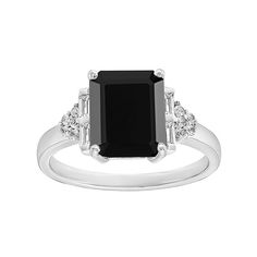 This classic and chic onyx ring features white topaz accents, and is sure to make a statement. This classic and chic onyx ring features white topaz accents, and is sure to make a statement. Width: 10mm Metal: sterling silver Plating: rhodium Finish: polished Packaging: boxed Nickel freeSTONE DETAILS Stone type: onyx, white topaz Total weight: 2 ct. Center stone weight: 2 ct. Center stone size: 10mm x 8mm Setting: prong Shape: baguette cut, emerald cut, round Gemstones may have been treated to en Emerald Cut Wedding Rings, Wedding Rings Emerald Cut, White Topaz Rings, Emerald Cut Rings, Black Diamond Ring Engagement, Right Hand Rings, Black Onyx Ring, Black Diamonds, Onyx Ring