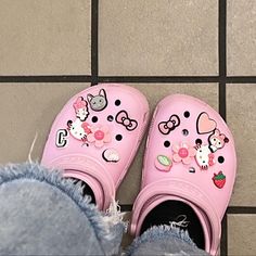 Pink Croc Inspiration, Pink Hello Kitty Crocs, Crocs With Hello Kitty Charms, Pink Crocs With Jibbitz, Pink Apple Headphones, Uggs Sweatpants, Stucco Crocs, Pink Nike Dunks