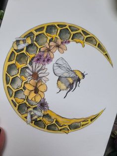 a drawing of a bee on the moon with flowers