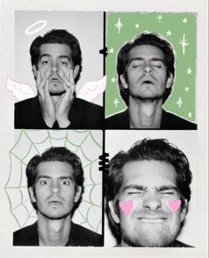 four different pictures of a man with pink hearts on his eyes and the same person's face