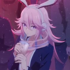 an anime character with pink hair drinking from a cup