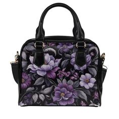 "► ABOUT THIS PURSE Pattern: Mystic Nightshade Colors: black, purple, gray Design: Floral, Flowers Metal Color: Gold Style: Gothic, Edwardian, Victorian, Dark, Medieval Purse Model: Betty The design is printed on both sides. The sides, bottom, handle and trim are black. Our logo is on the back of the bag. ► FEATURES * Manufactured with premium water-resistant PU material (vegan leather / poly-vinyl). The sides and bottom are textured and slick. The printed front and back are slightly thicker with a semi-matte finish. * Features comfortable and sturdy carrying straps with high-quality stitching for long-lasting durability. * Includes an adjustable and removable shoulder strap, adjusts from 43.5 - 49 inches (110.5-124.5 cm) * Finished with one main interior compartment and 3 pockets to keep Luxury Purple Satchel With Detachable Strap, Medieval Purse, Dark Medieval, Bowler Bag, Floral Handbags, Purse Pattern, Bottle Stand, Style Gothic, Victorian Goth