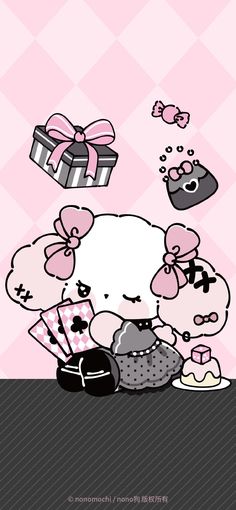 hello kitty wallpaper with pink background and gift boxes in the air above her head