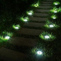 some steps lit up with lights in the grass at night, leading to a path