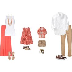 clothes and shoes are laid out on a white background, including an orange dress, shirt, pants, sandals, and necklaces