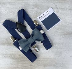 Your special guy will look so handsome when he shows up in his Slate Blue Linen bow tie and navy blue suspenders !  Great set for groomsman, best man or ring bearers - This bow tie & suspenders set is a great choice for family photos, wedding, ring bearer outfit, birthday celebration or any other special occasion.  Please  contact us about FREE COLOR SAMPLES ! Each bow tie comes pre-tied and made with adjustable strap . You can also write the note for your order if you need ALLIGATOR CLIP or BAR Navy Blue Suspenders, Ring Bearer Boy, Ring Bearer Gift, Blue Suspenders, Colors 2023, Ring Bearer Gifts, Bearer Outfit, Groomsmen Wedding, Bowtie And Suspenders