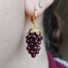 14k Gold Clip-on Jewelry As Gift, Unique Yellow Gold Earrings For Wedding, 14k Gold Clip-on Earrings As Gift, Yellow Gold Clip-on Jewelry For Gift, Wedding Wine Gift, Grape Earrings, Summer Wines, Wine Wedding, Garnet