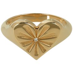 Marlo Laz's twist on a traditional signet, this heart of gold signet ring is an instant heirloom. This romantic valentine 14 karat love ring features a white diamond and sun-rays of sunshine. Perfect for Valentine's Day! This ring is available in all ring sizes and for special order in 18 Karat rose, yellow, and white gold. *All of our fine jewelry is custom made to order in New York. Please allow fourteen days for delivery* Heart Shaped Diamond Ring, Double Heart Ring, Gold Pinky Ring, Mens Pinky Ring, Real Gold Jewelry, Fine Diamond Jewelry, Colorless Diamond, Rose Gold Heart, Gold Signet Ring