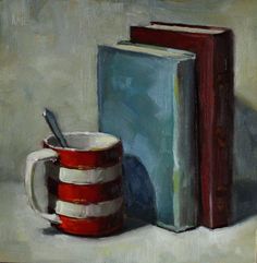 a painting of a stack of books next to a mug with a spoon in it