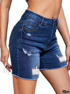 Bjux - Womens High Waist Dark Blue Denim Shorts with Raw Hem and Ripped Holes - Stylish Short Denim Pants with Slash Pockets Stretch Jeans With Frayed Hem In Short Length, Stretch Ripped Denim Blue Jean Shorts, Stretch Denim Distressed Jean Shorts, Stretch Cutoff Jeans With Pockets, Ripped Mid-rise Dark Wash Bottoms, Dark Wash Ripped Mid-rise Bottoms, Mid-rise Ripped Dark Wash Bottoms, Ripped Stretch Dark Wash Shorts, Stretch Ripped Dark Wash Shorts