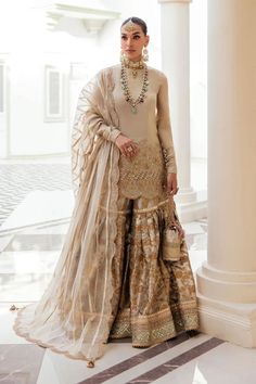 Classic Gold Embroidered Pakistani Wedding Dress Kameez Sharara Style Sharara Style, Angrakha Dress, Pakistani Clothes Online, Pakistani Designer Clothes, Pakistani Wedding Dress, Chiffon Shorts, Short Shirt, Pakistani Wedding Dresses, Pakistani Dress Design