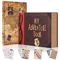 an open book with stickers on it and the words'my adventure book '