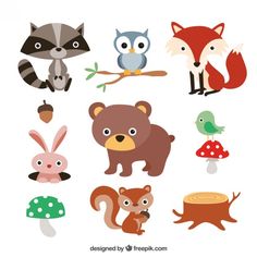 various cute animals and mushrooms on a white background