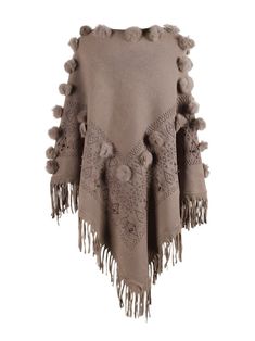 Wrap yourself in the enchanting allure of our Knitted Cloak, a beautifully crafted piece that exudes both comfort and style. Made from a luxurious blend of cotton, polyester, and faux fur with a soft mink feel, this one-size cloak drapes effortlessly with its bat sleeve design and classic round neck. Adorned with charming details like tassels, nail beads, and playful hair balls, this cloak beautifully combines elegance with a touch of whimsy. Available in a range of rich colors including khaki, gray, black, brown, wine red, and apricot, it’s the perfect statement piece to beautifully elevate your look, no matter the occasion. Shawl Sweater, Coat Women Fashion, Beaded Sweater, Fringed Poncho, Round Neck Sweater, Irregular Hem, Women Shawl, Round Neck Sweaters, Knitted Poncho