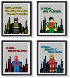 four cross stitch posters with superheros on them