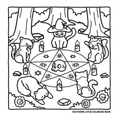 a coloring book page with cats and other animals in the forest, surrounded by trees