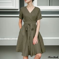 Olivia Mark - Chic Midi Dress with V-Neckline, Solid Color, Short Sleeves, Pockets, Bow Tie Waist Belt, and Cotton Linen Material Stylish Midi Dress, Midi Dress Work, Cotton Linen Dresses, Color Shorts, Dress Cuts, Types Of Skirts, Amelie, Linen Dress, Work Casual