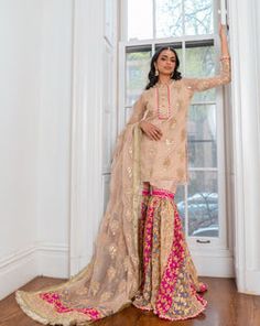 Bibi Outfit | Ayla Noor NY Chatta Patti Gharara, Red Gharara, Bridle Dress, Casual Bridal Dress, Gharara Designs, Gold Thread Embroidery, Dori Embroidery, Asian Dresses, Pakistan Wedding