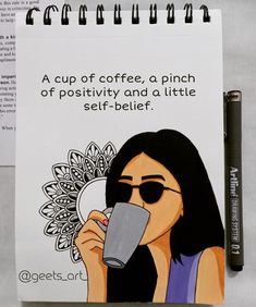 a notepad with a drawing of a woman holding a coffee cup and drinking from it