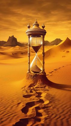 an hourglass sitting in the middle of a desert with footprints coming out of it