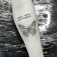 a black and white photo of a butterfly with the words treat people with kindness on it