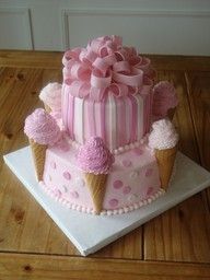 a pink and white cake decorated with ice cream cones