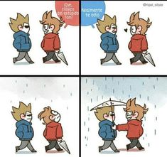 two comics with people walking in the rain and one has an umbrella over his head