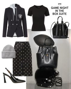 a woman's outfit and accessories including a black jacket, skirt, hat, handbag