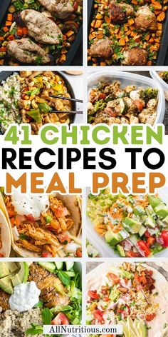 the four pictures show different types of chicken and meat prepped for meal prepping