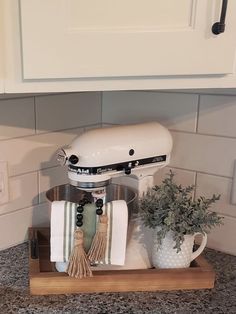 a kitchen counter with a mixer, potted plant and other items on the counter