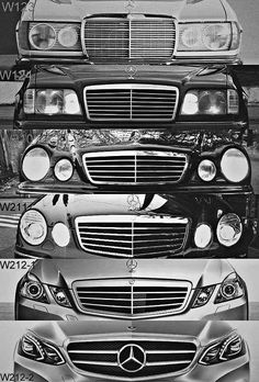 the front and rear view of mercedes benzs in black and white, with their headlights turned