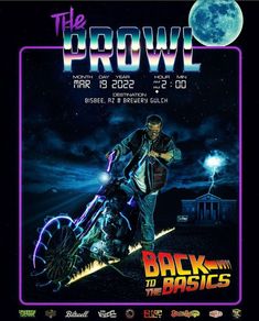 the poster for back to the basics shows a man on a motorcycle in front of a full moon