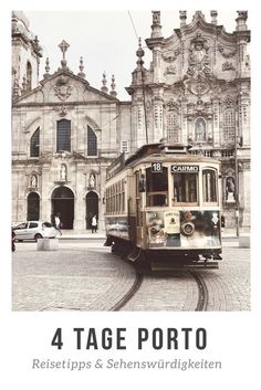 an old tram car is on the tracks in front of a large building with ornate architecture