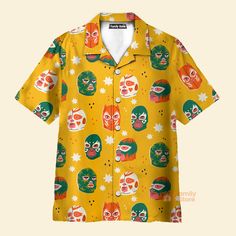 FamilyStore Wrestling Character Pattern Yellow - Hawaiian Shirt Yellow Top Outfit, Yellow Shirt Outfit, Wrestling Shirt, Character Pattern, Wrestling Shoes, Cool Hawaiian Shirts, Yellow Shirt, Comfy Outfit, Yellow Shirts