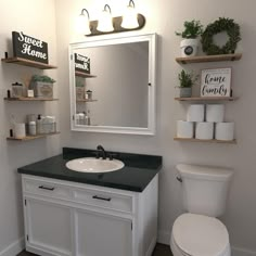 a white toilet sitting under a bathroom mirror next to a sink and a toilet paper dispenser